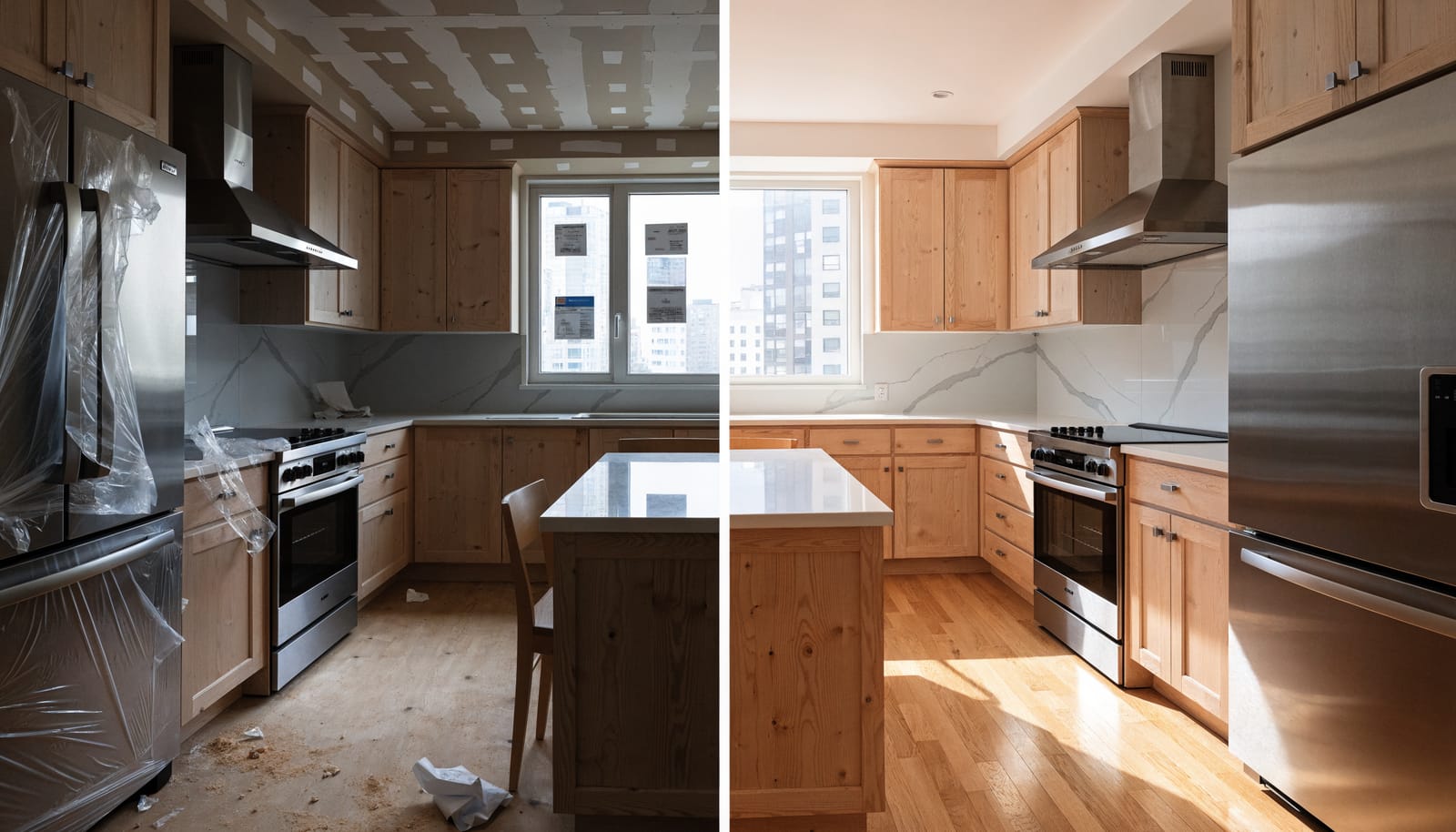 Split image of a newly remodeled room. Left: construction dust on every surface, stickers on the windows and debris on the floor. Right: the same room finished and clean, glass clear, floors done, ready to be seen.